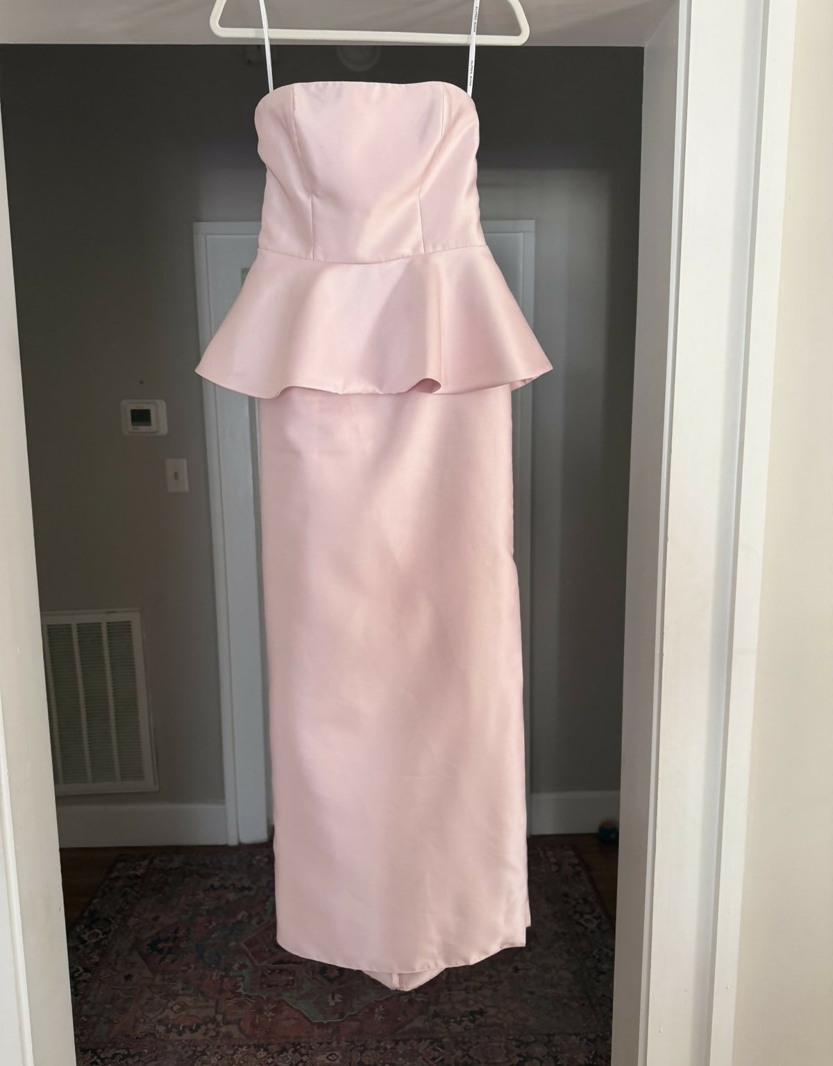 Strapless Satin Maxi Dress with Cascade Ruffle Peplum Detail