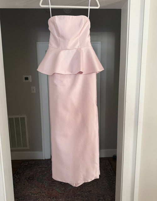 Load image 1 in gallery view. Strapless Satin Maxi Dress with Cascade Ruffle Peplum Detail