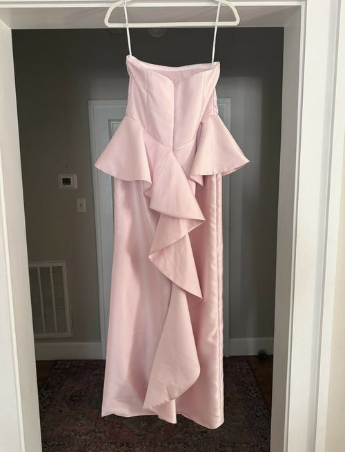 Load image 1 in gallery view. Strapless Satin Maxi Dress with Cascade Ruffle Peplum Detail
