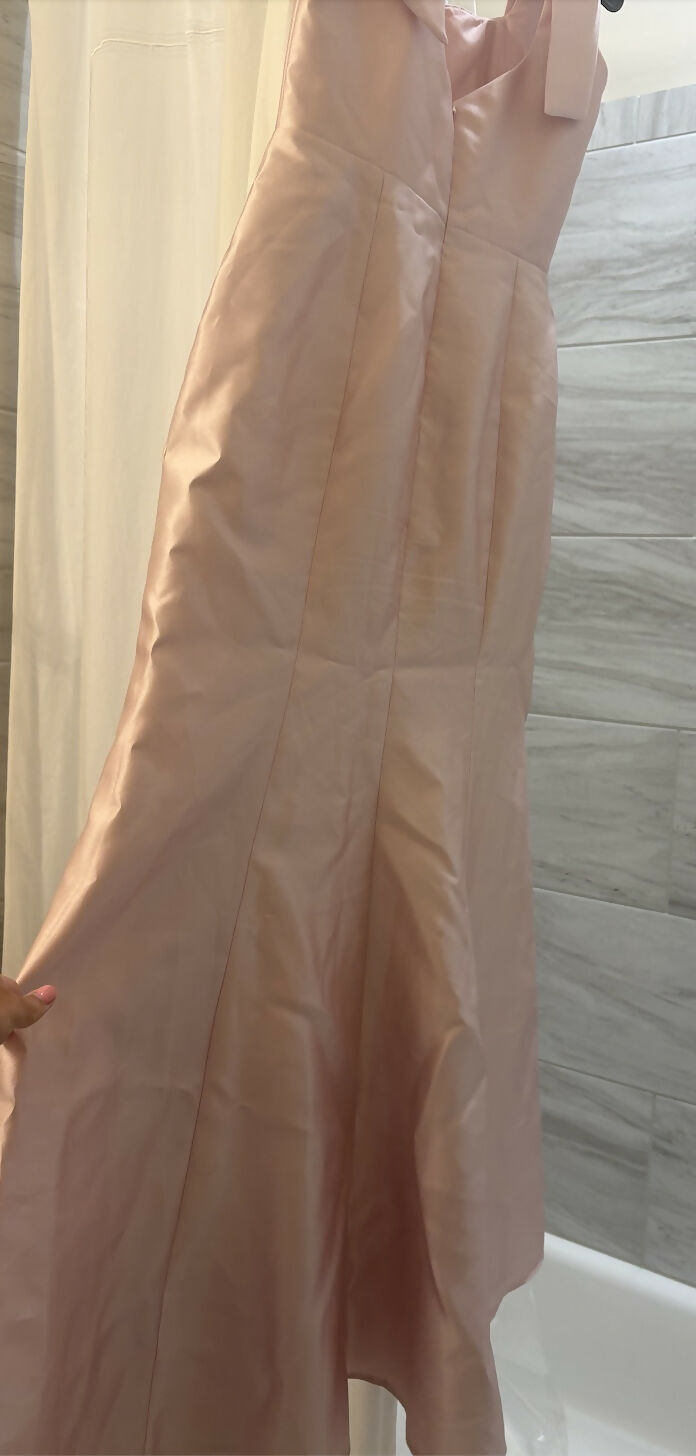 SATIN FIT AND FLARE MAXI DRESS WITH SHOULDER BOWS IN BALLET PINK