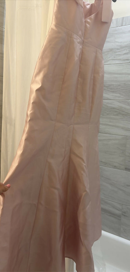 Load image 1 in gallery view. SATIN FIT AND FLARE MAXI DRESS WITH SHOULDER BOWS IN BALLET PINK