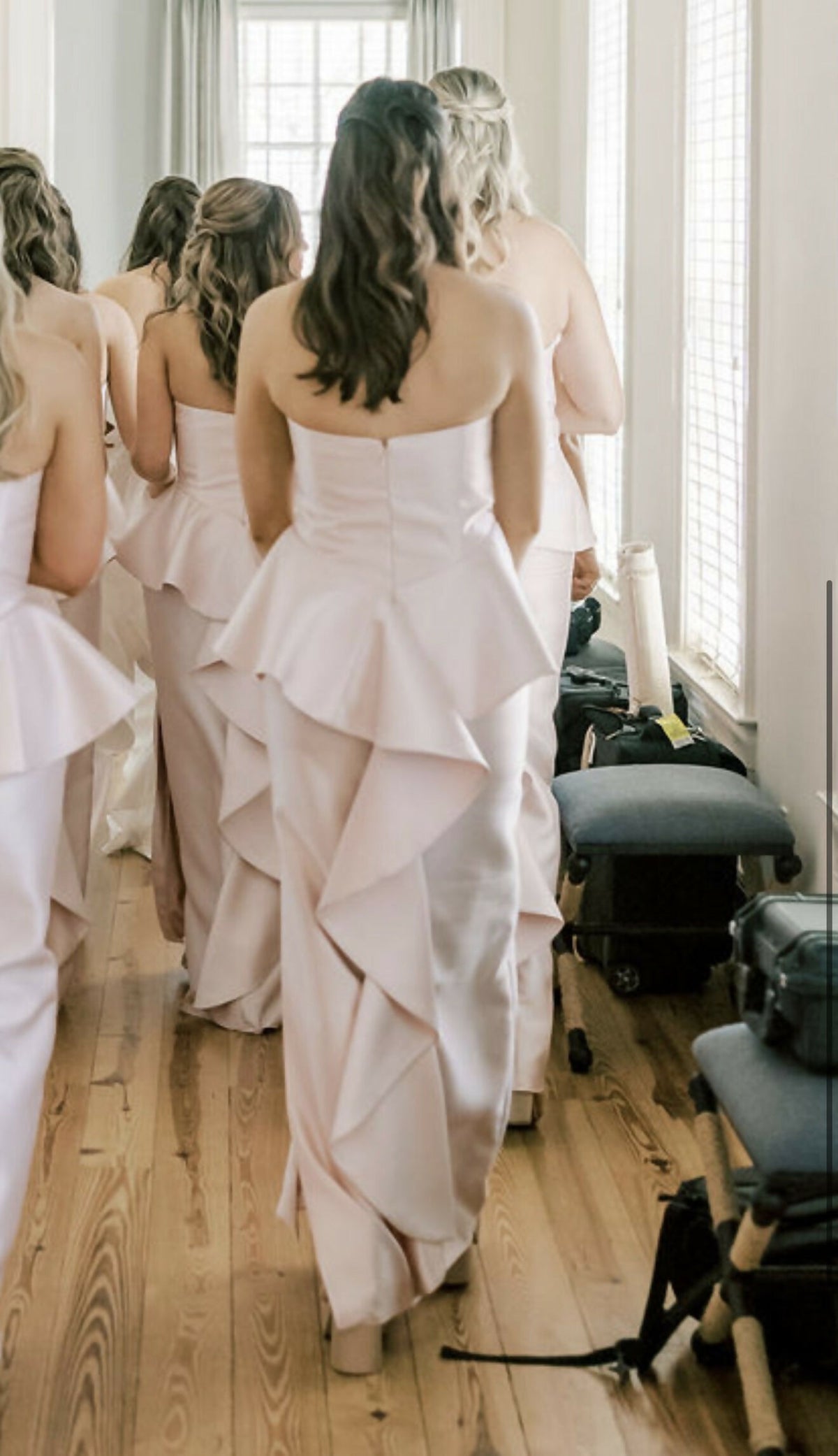 Strapless Satin Maxi Dress with Cascade Ruffle Peplum Detail
