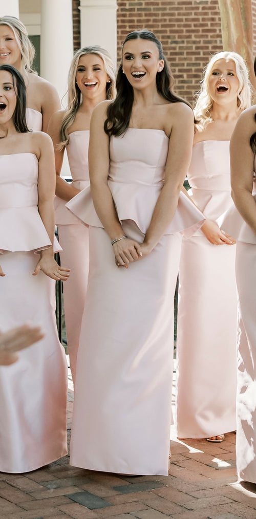 Load image 1 in gallery view. Strapless Satin Maxi Dress with Cascade Ruffle Peplum Detail