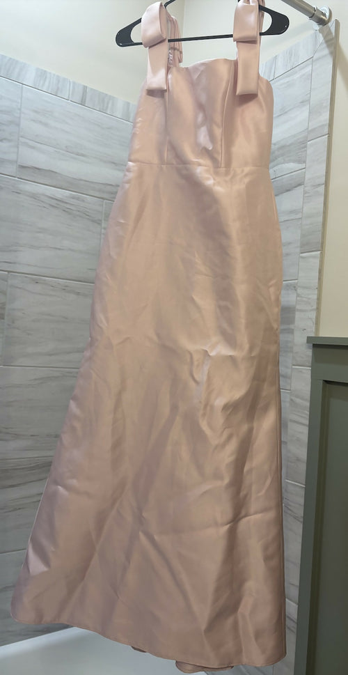 Load image 1 in gallery view. SATIN FIT AND FLARE MAXI DRESS WITH SHOULDER BOWS IN BALLET PINK