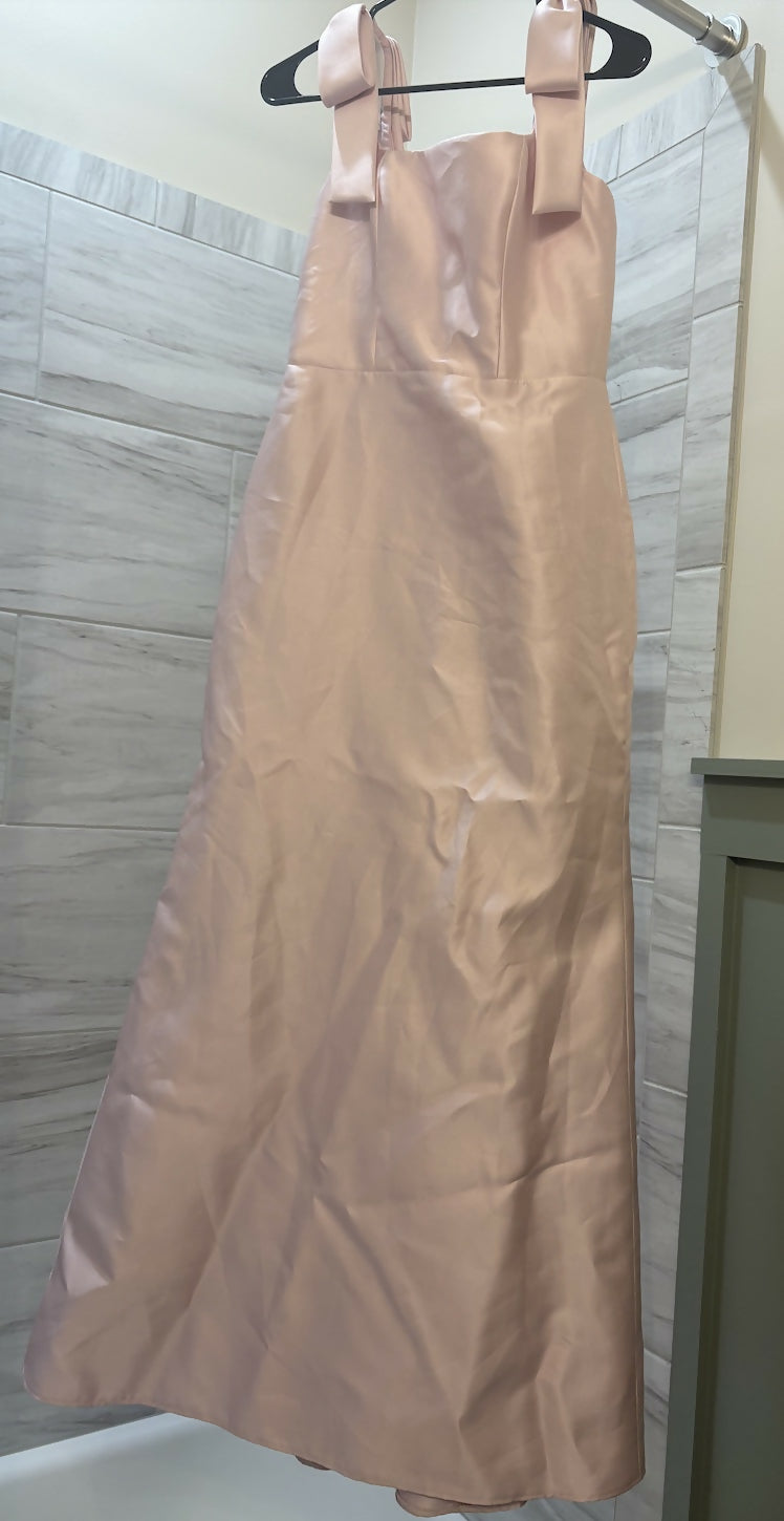 SATIN FIT AND FLARE MAXI DRESS WITH SHOULDER BOWS IN BALLET PINK
