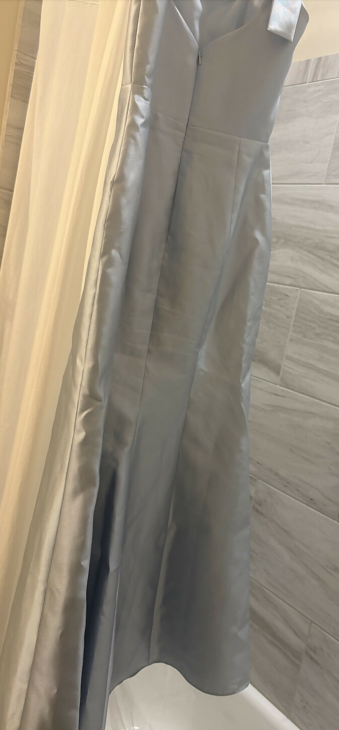 DESSY GROUP SATIN FIT AND FLARE MAXI DRESS WITH SHOULDER BOWS IN MIST